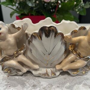 Vintage Cherub Ceramic Planter with Gold Accents